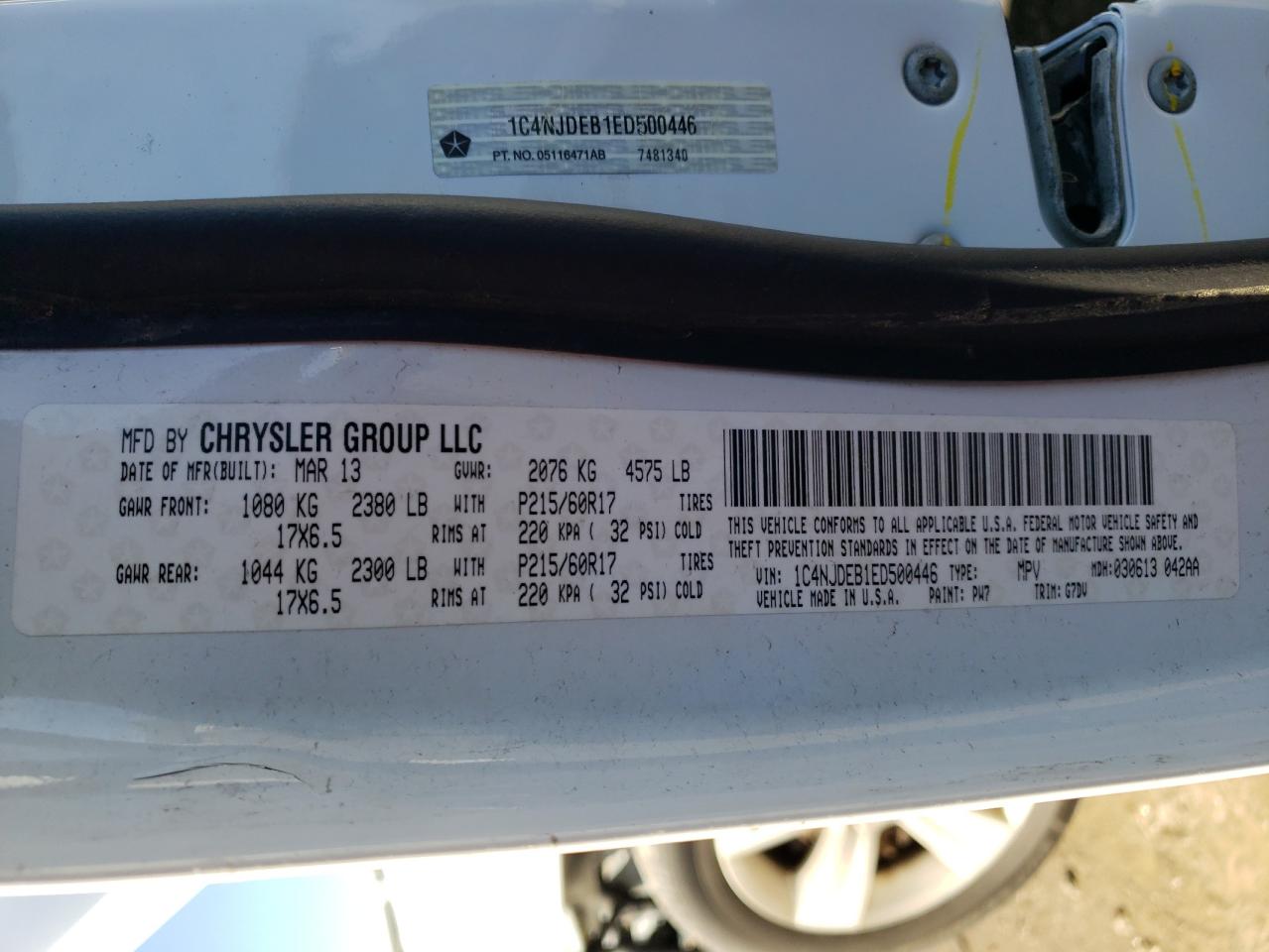 Photo 10 from auction – 2014 JEEP COMPASS LA with VIN 1C4NJDEB1ED500446