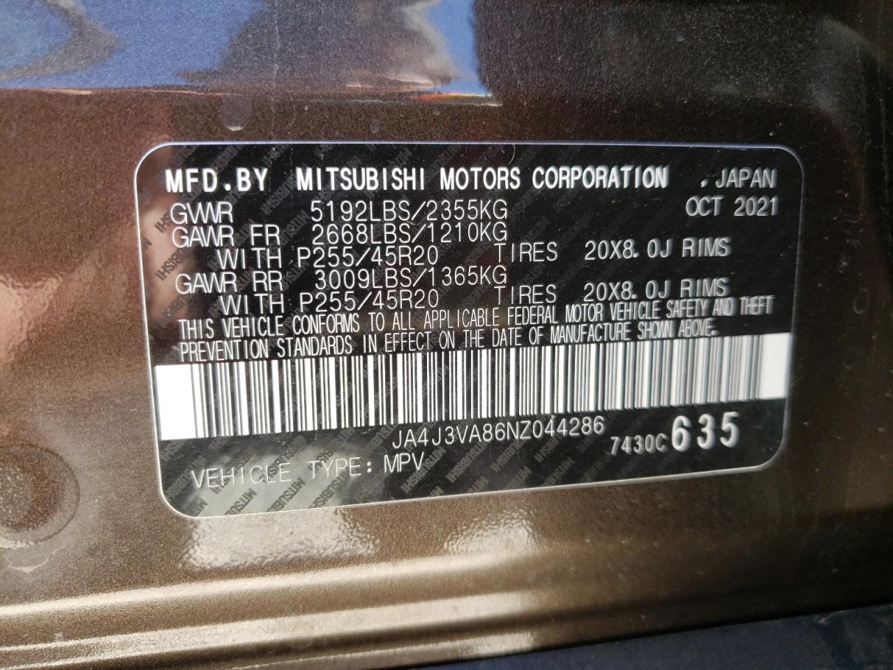 Photo 10 from auction – 2022 MITSUBISHI OUTLANDER with VIN JA4J3VA86NZ044286