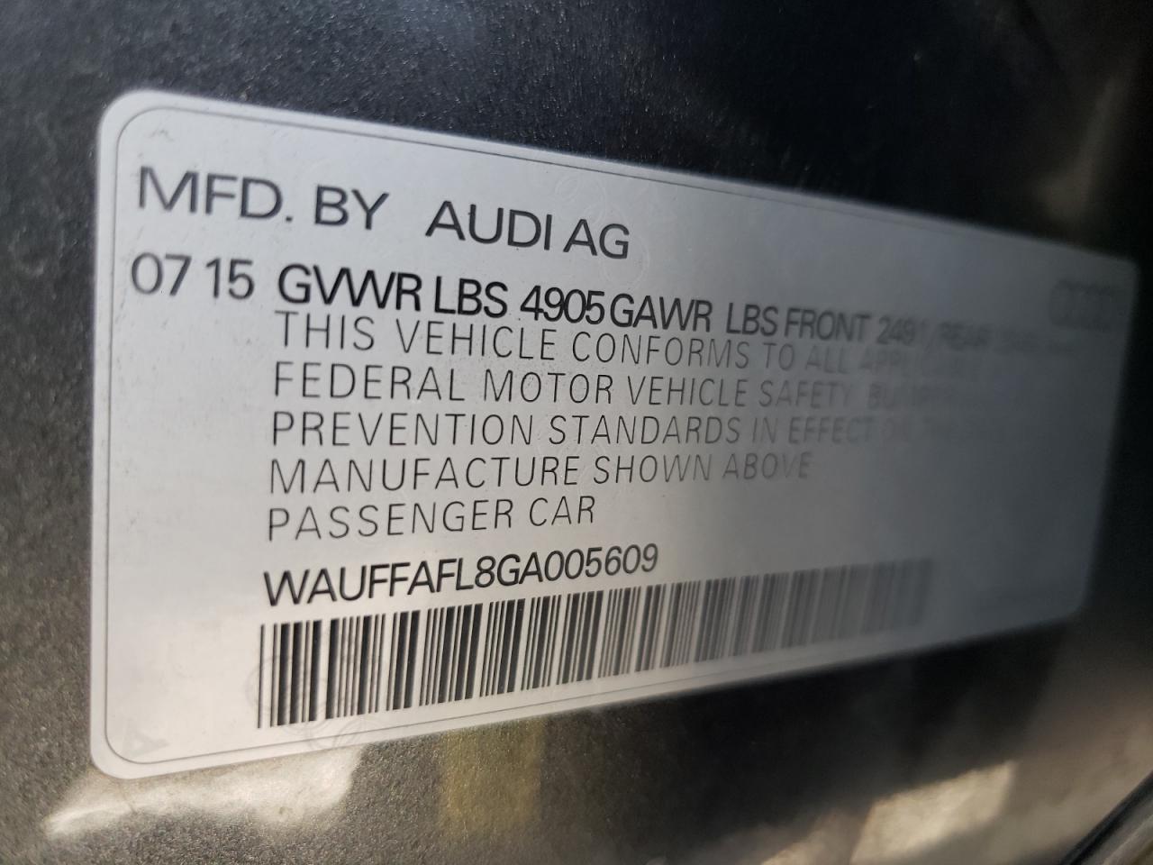 Photo 10 from auction – 2016 AUDI A4 PREMIUM with VIN WAUFFAFL8GA005609