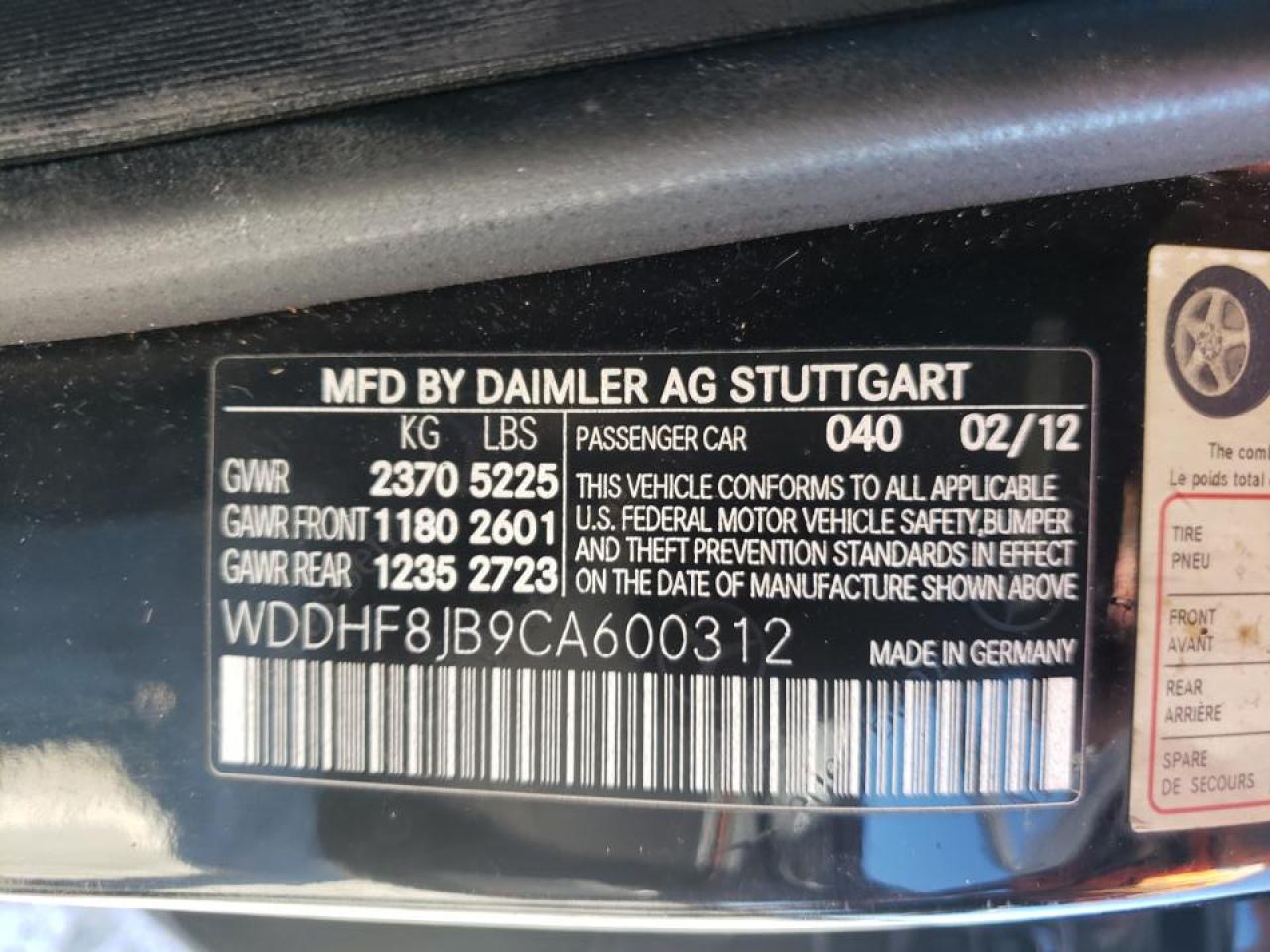 Photo 10 from auction – 2012 MERCEDES-BENZ E 350 4MAT with VIN WDDHF8JB9CA600312
