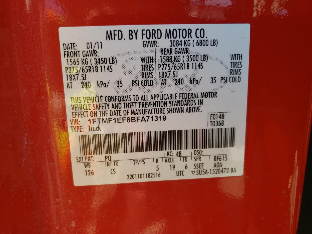 Photo 10 from auction – 2011 FORD F150 with VIN 1FTMF1EF8BFA71319