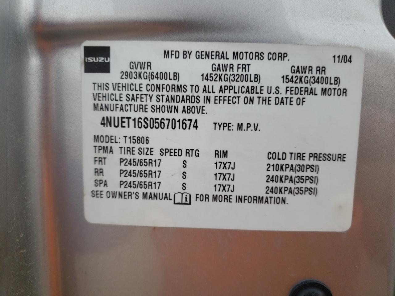Photo 10 from auction – 2005 ISUZU ASCENDER S with VIN 4NUET16S056701674