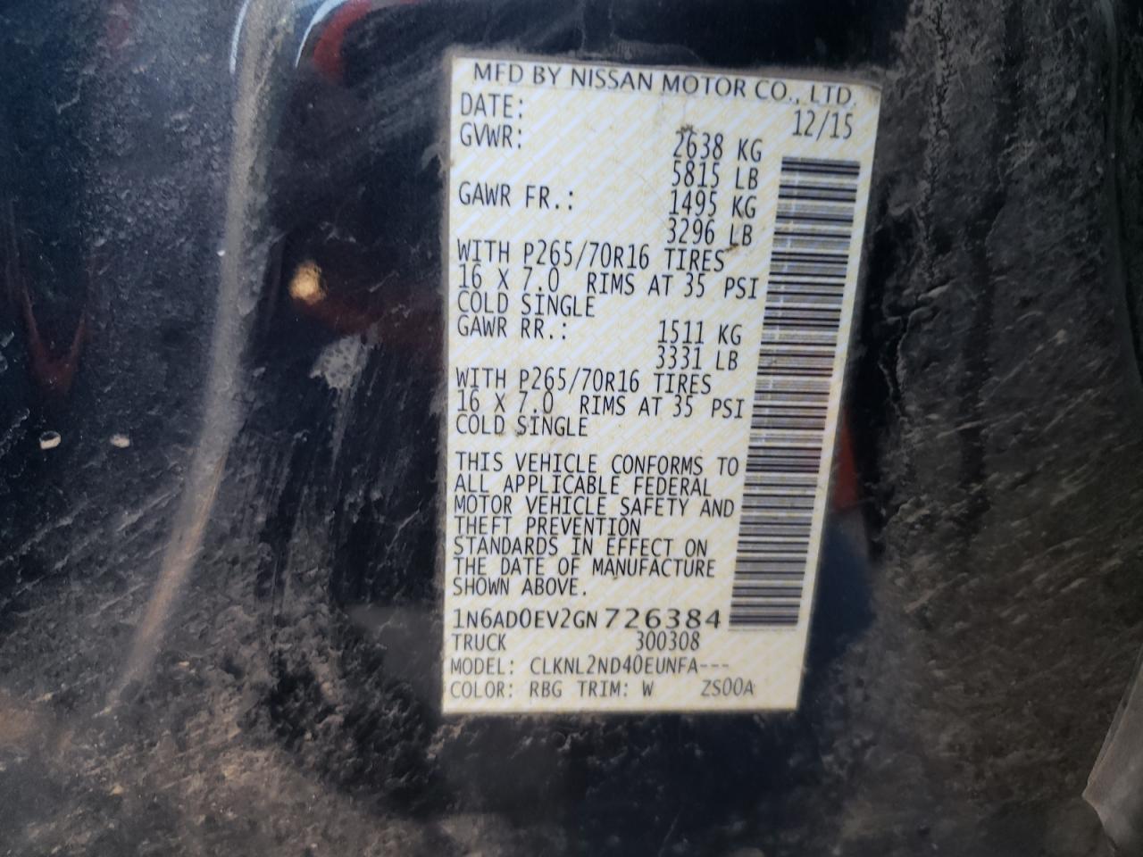 Photo 10 from auction – 2016 NISSAN FRONTIER S with VIN 1N6AD0EV2GN726384