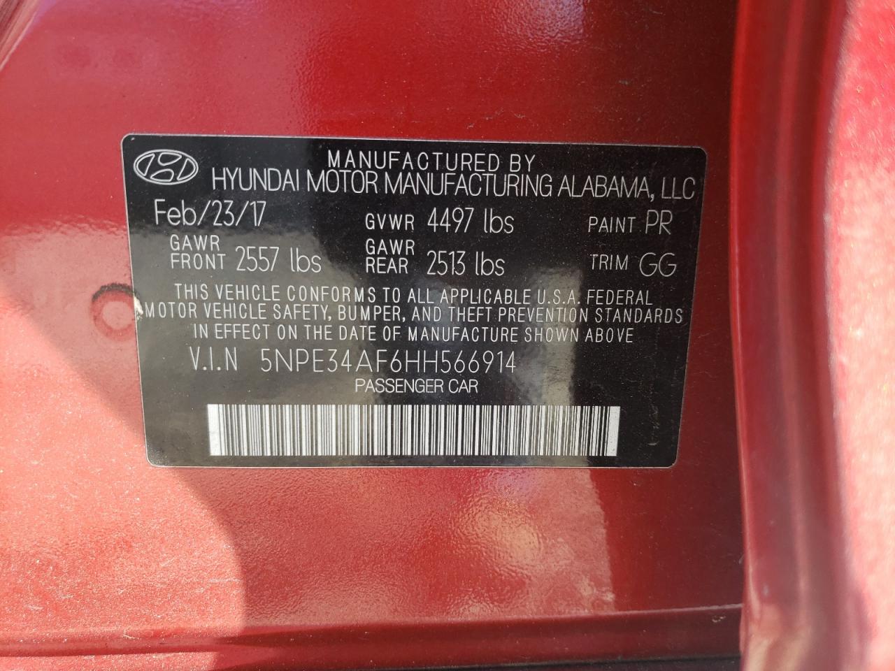 Photo 10 from auction – 2017 HYUNDAI SONATA SPO with VIN 5NPE34AF6HH566914