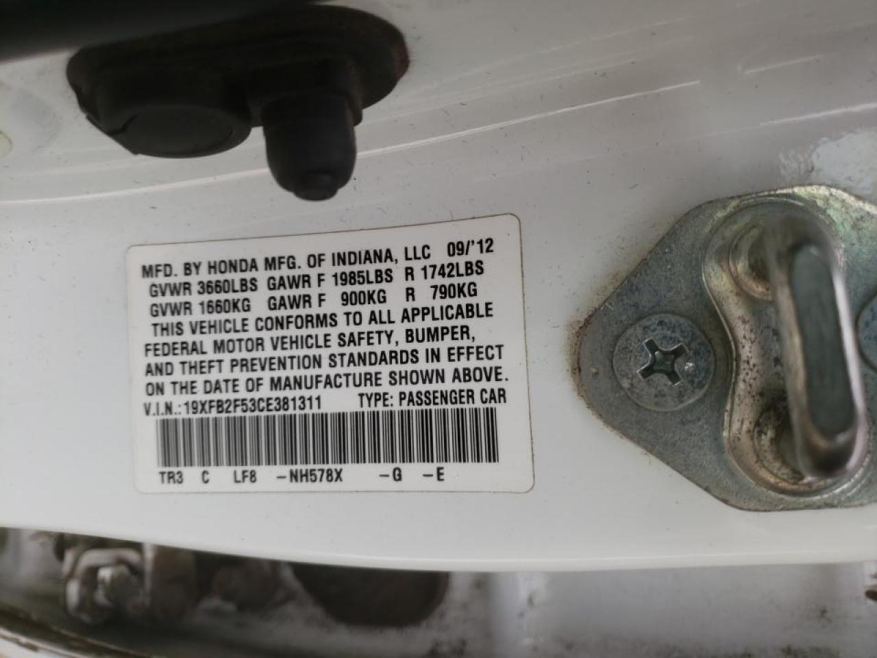 Photo 10 from auction – 2012 HONDA CIVIC LX with VIN 19XFB2F53CE381311