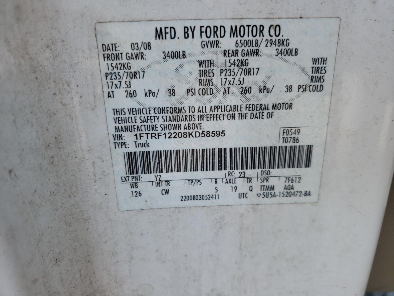Foto 10 de la subasta – 2008 FORD F150 con VIN 1FTRF12208KD58595