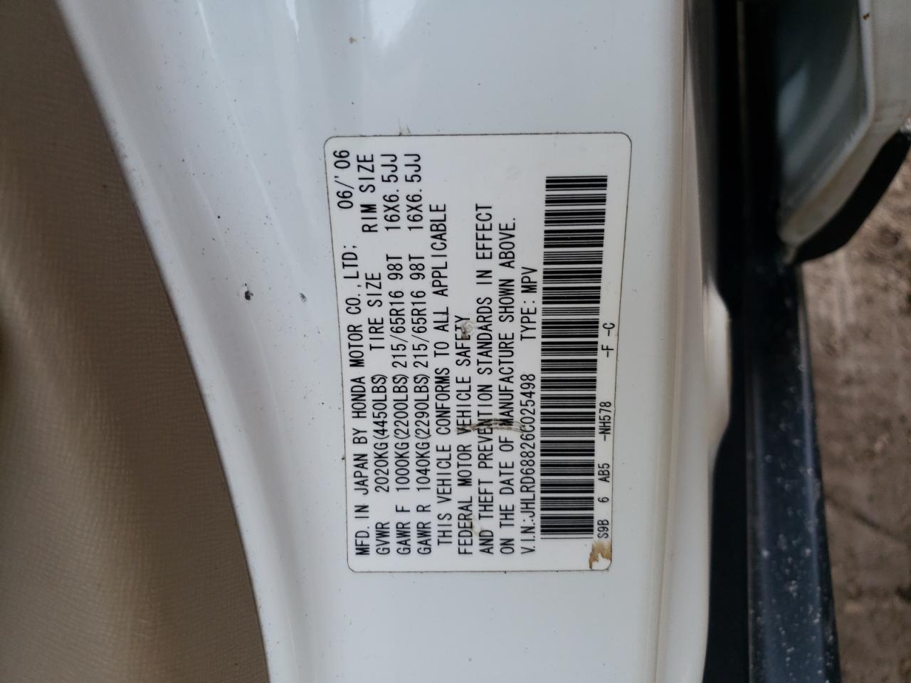 Photo 10 from auction – 2006 HONDA CR-V EX with VIN JHLRD68826C025498