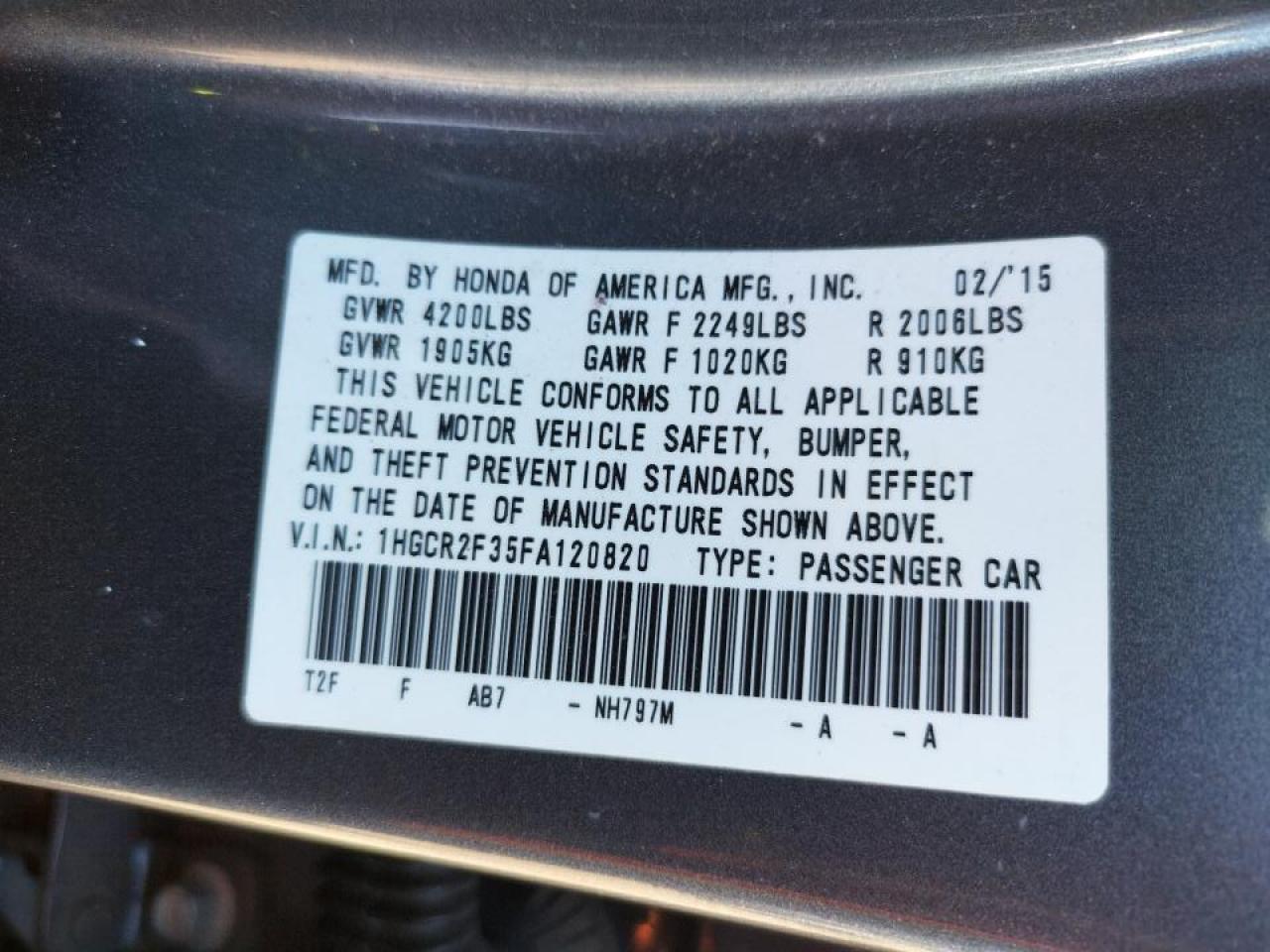 Photo 10 from auction – 2015 HONDA ACCORD LX with VIN 1HGCR2F35FA120820