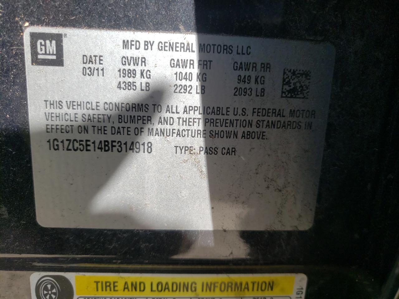 Photo 10 from auction – 2011 CHEVROLET MALIBU 1LT with VIN 1G1ZC5E14BF314918