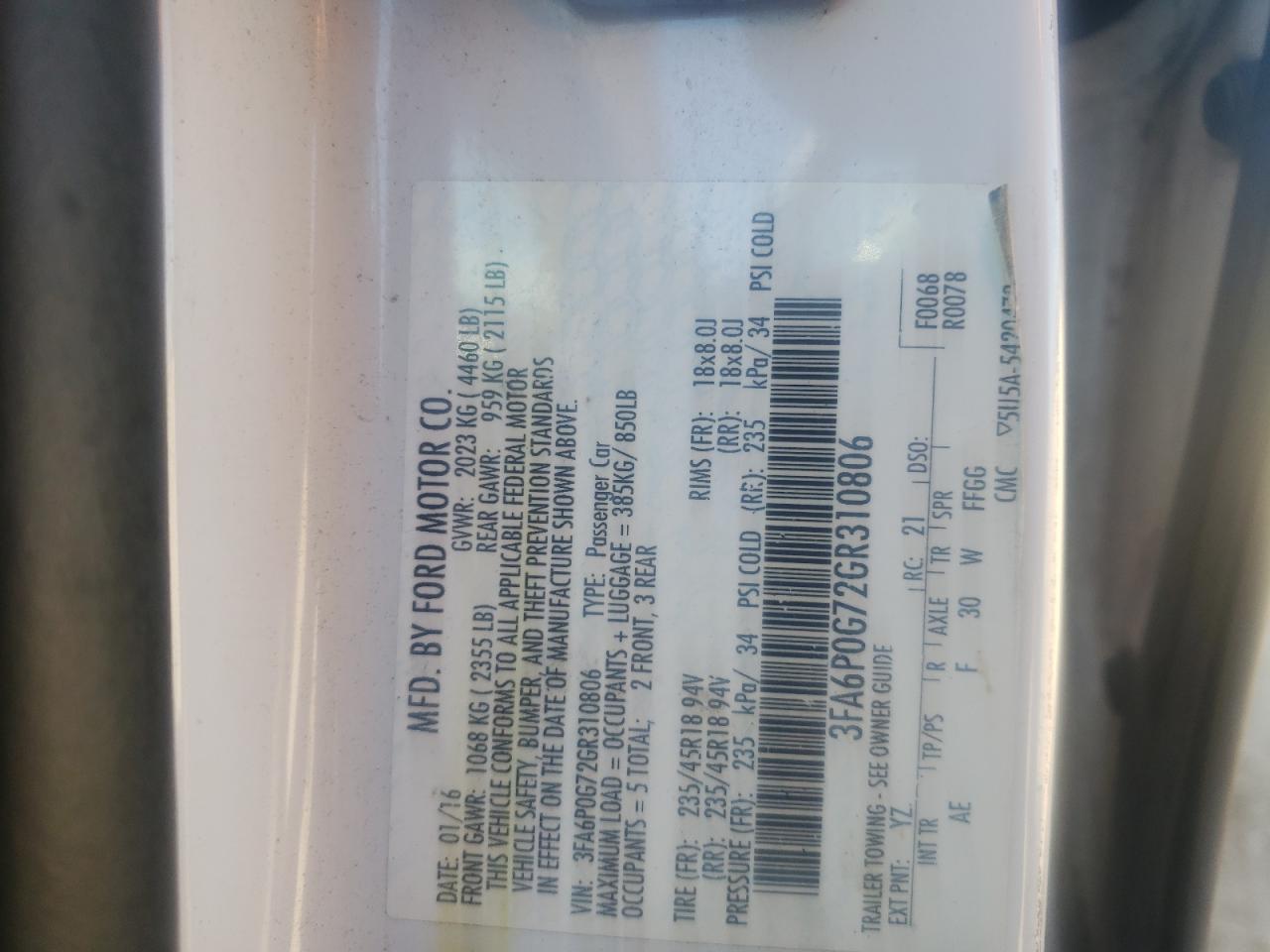 Photo 10 from auction – 2016 FORD FUSION S with VIN 3FA6P0G72GR310806