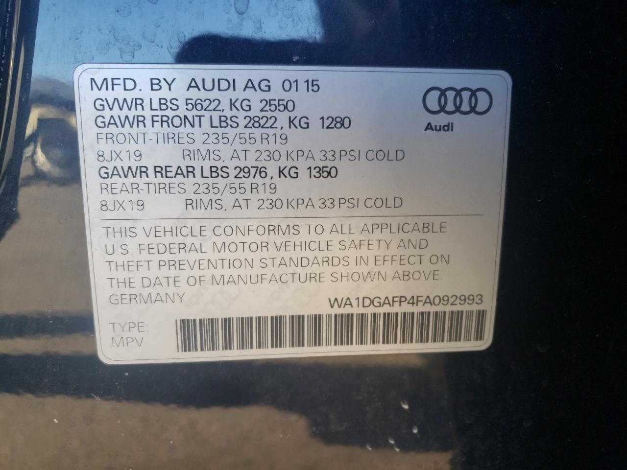 Photo 10 from auction – 2015 AUDI Q5 PREMIUM with VIN WA1DGAFP4FA092993