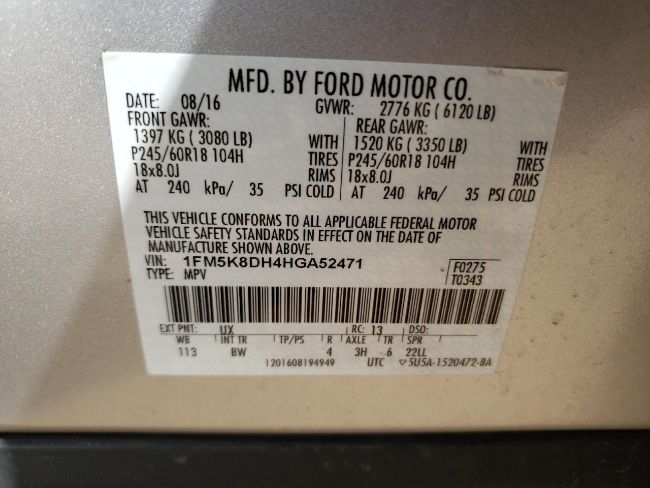 Photo 10 from auction – 2017 FORD EXPLORER X with VIN 1FM5K8DH4HGA52471