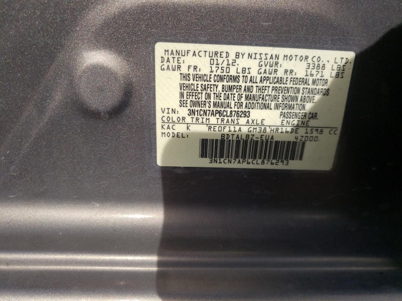 Photo 10 from auction – 2012 NISSAN VERSA with VIN 3N1CN7AP6CL876293