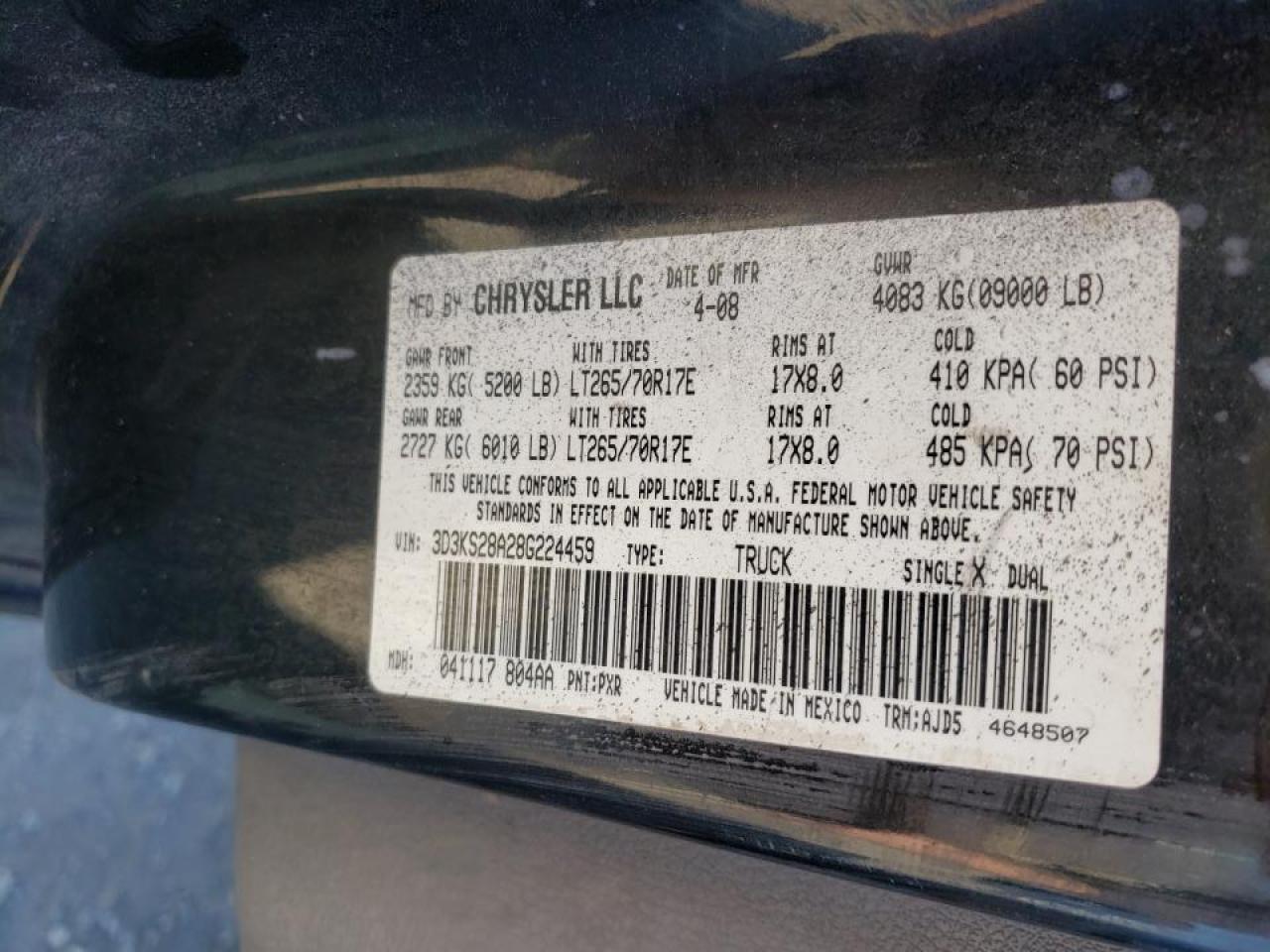 Photo 10 from auction – 2008 DODGE RAM 2500 S with VIN 3D3KS28A28G224459
