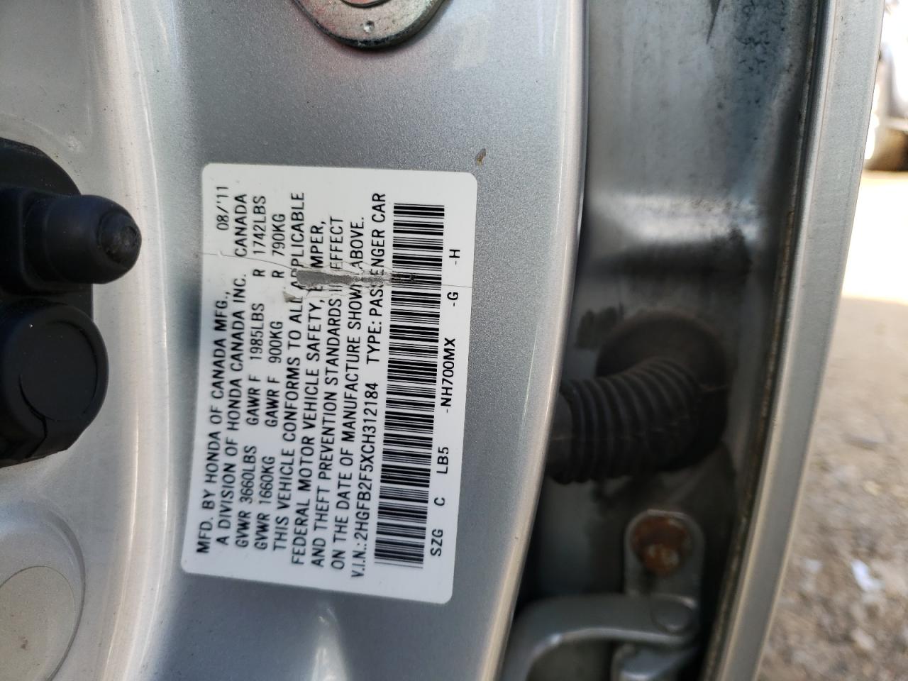Photo 10 from auction – 2012 HONDA CIVIC LX with VIN 2HGFB2F5XCH312184