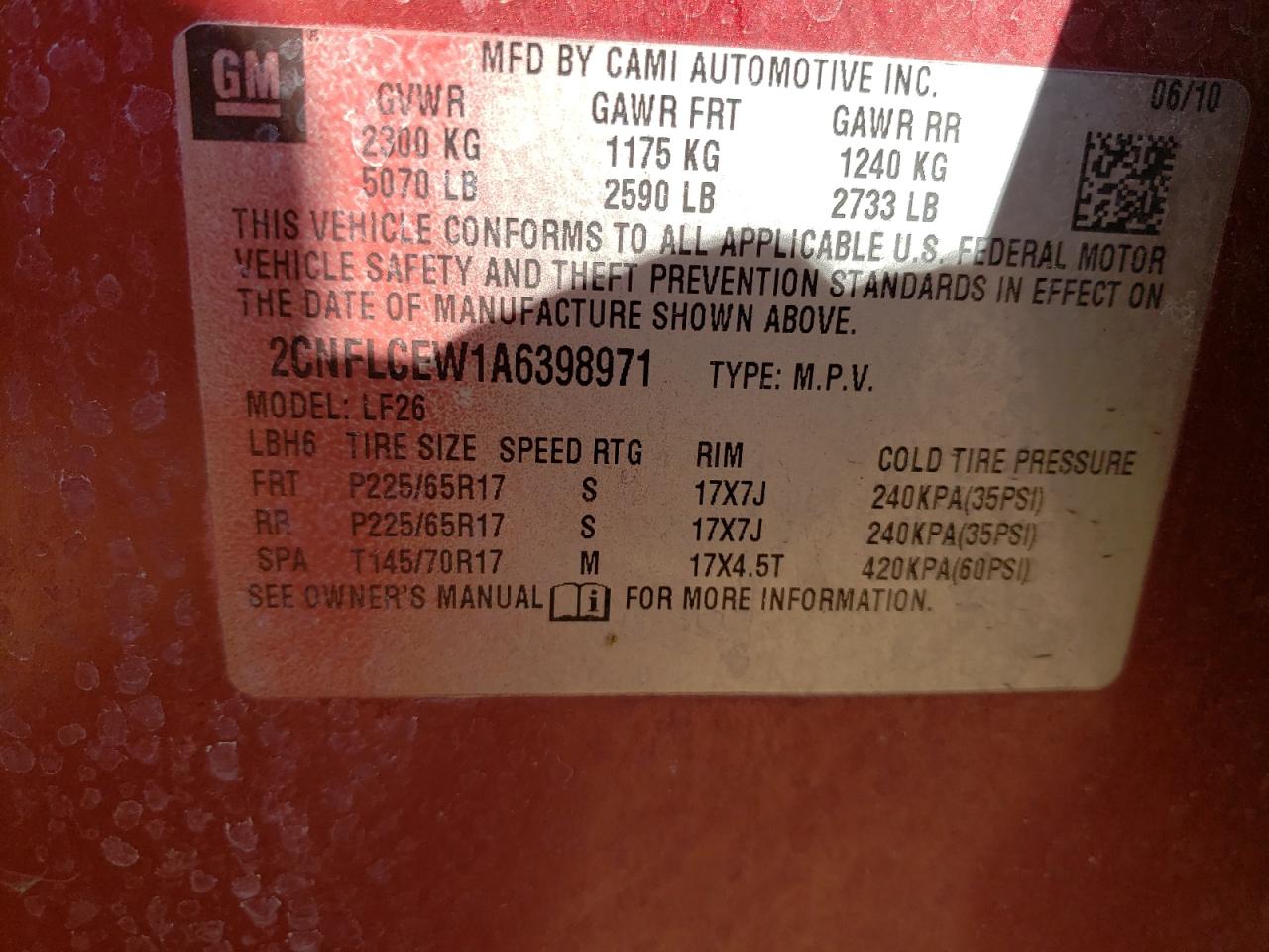 Photo 10 from auction – 2010 CHEVROLET EQUINOX LS with VIN 2CNFLCEW1A6398971