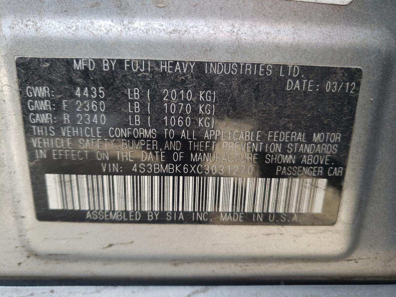 Photo 10 from auction – 2012 SUBARU LEGACY 2.5 with VIN 4S3BMBK6XC3031270