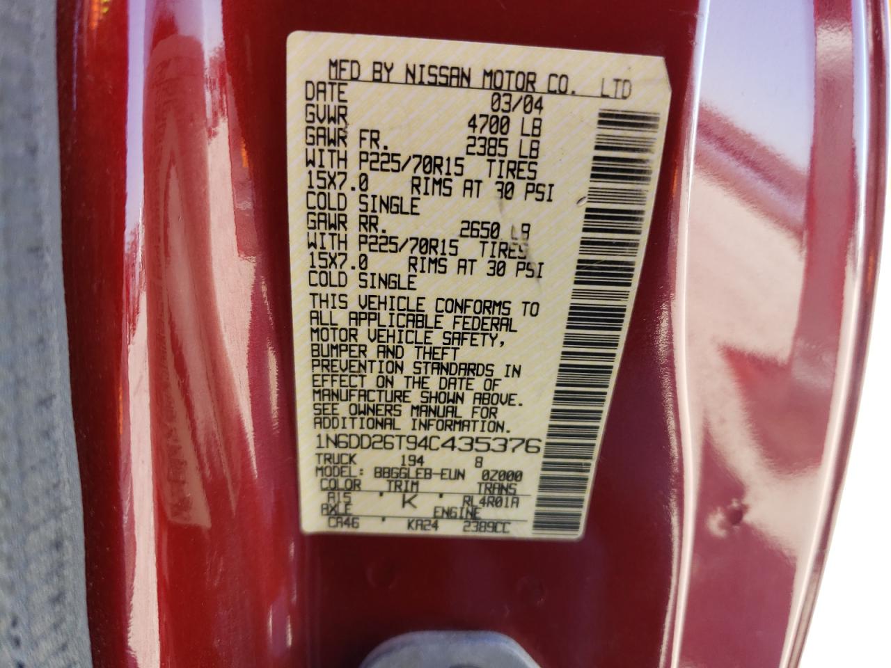 Photo 10 from auction – 2004 NISSAN FRONTIER K with VIN 1N6DD26T94C435376