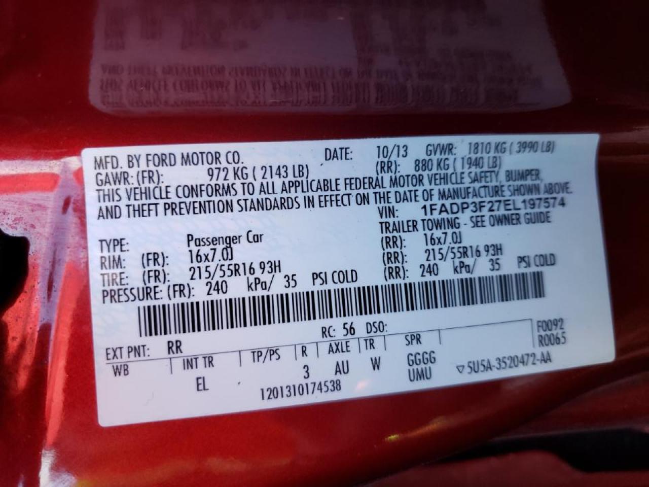 Photo 10 from auction – 2014 FORD FOCUS SE with VIN 1FADP3F27EL197574