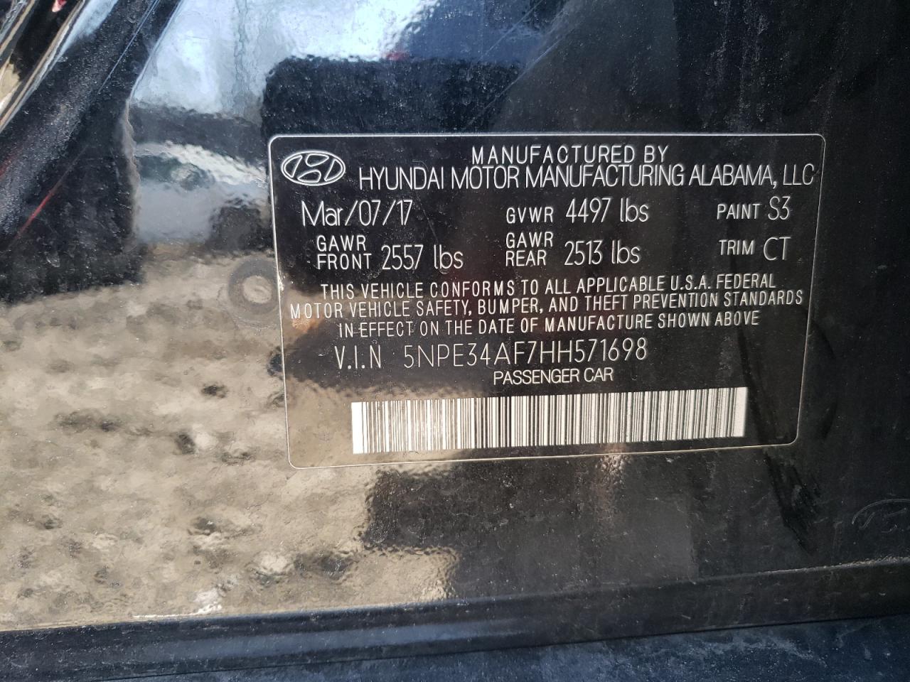 Photo 10 from auction – 2017 HYUNDAI SONATA SPO with VIN 5NPE34AF7HH571698