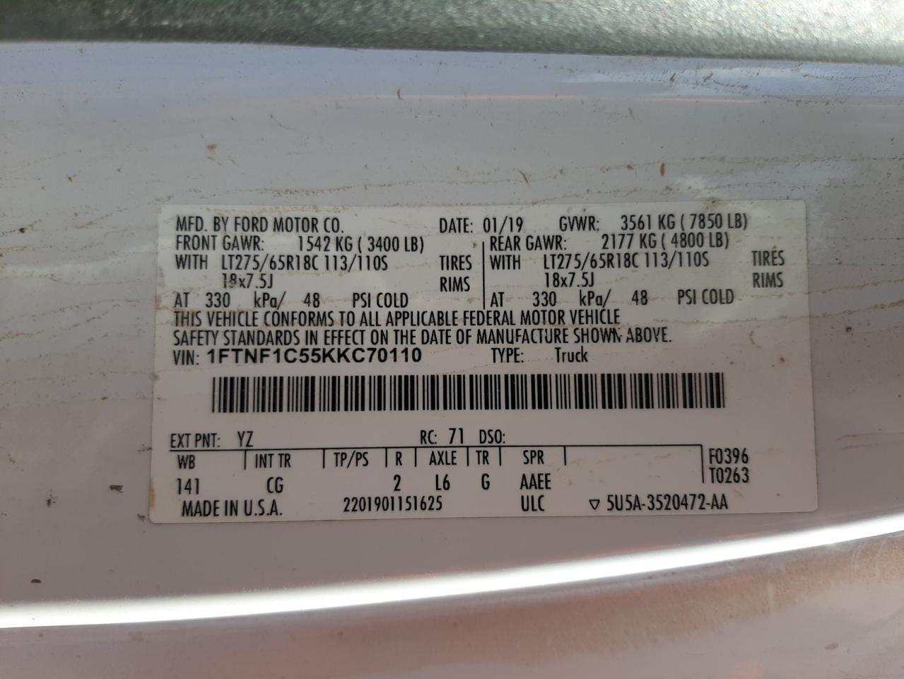 Photo 10 from auction – 2019 FORD F150 with VIN 1FTNF1C55KKC70110