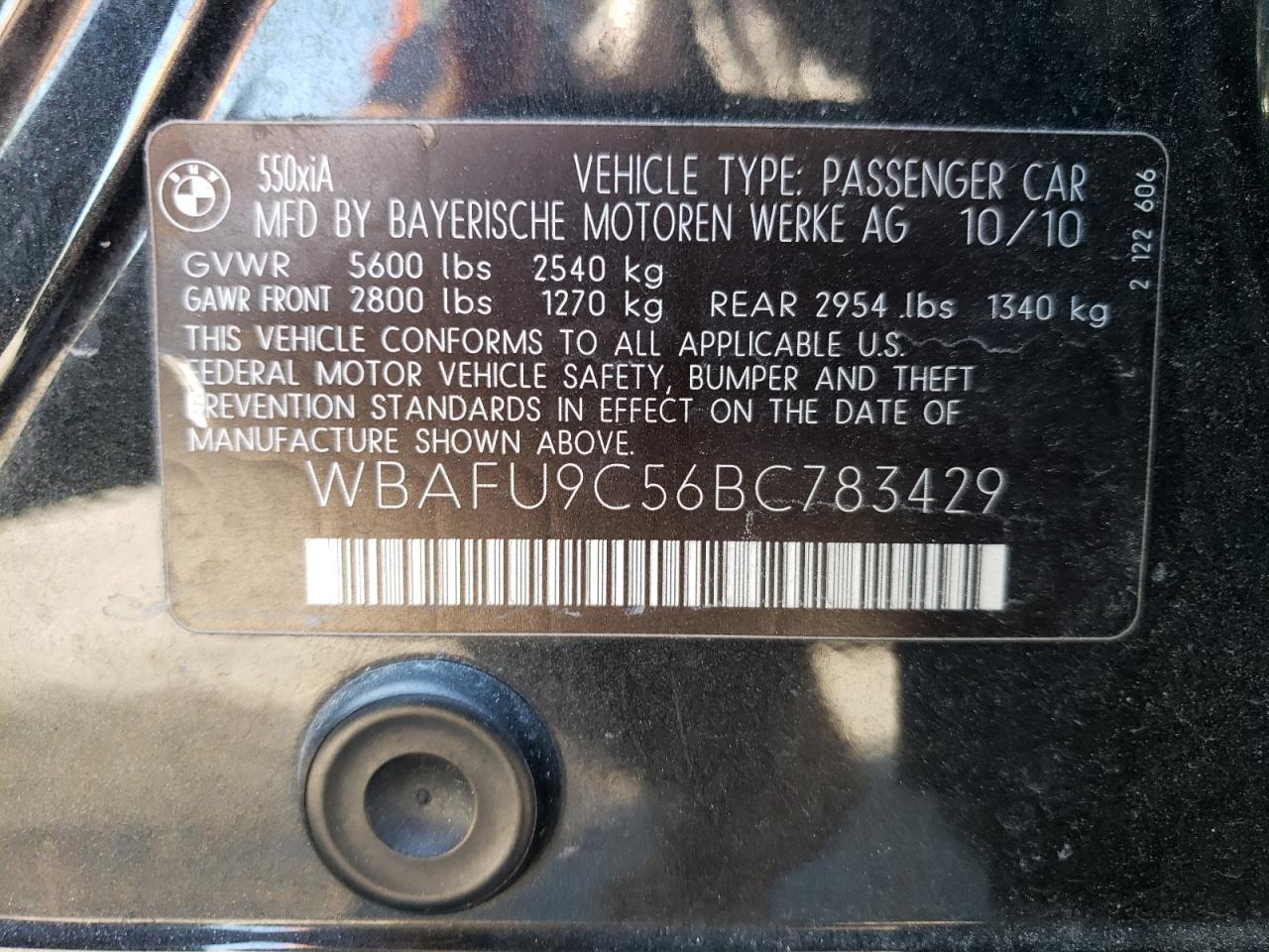 Photo 10 from auction – 2011 BMW 550 XI with VIN WBAFU9C56BC783429
