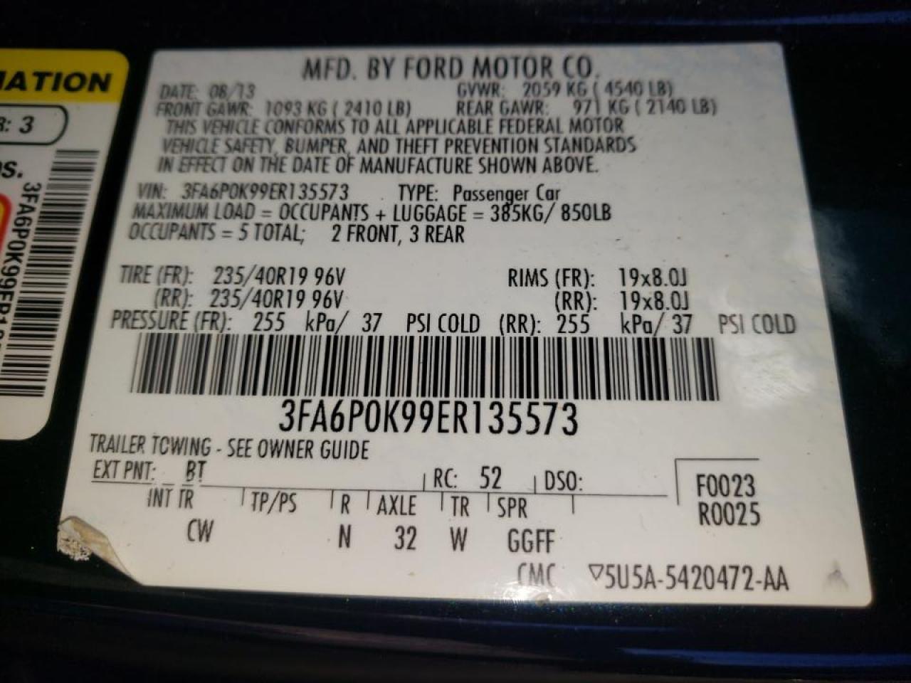 Photo 10 from auction – 2014 FORD FUSION TIT with VIN 3FA6P0K99ER135573
