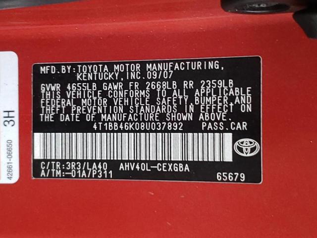 Photo 10 from auction – 2008 TOYOTA CAMRY HYBR with VIN 4T1BB46K08U037892