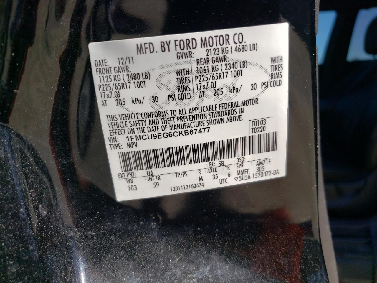 Foto 10 de la subasta – 2012 FORD ESCAPE LIM con VIN 1FMCU9EG6CKB67477