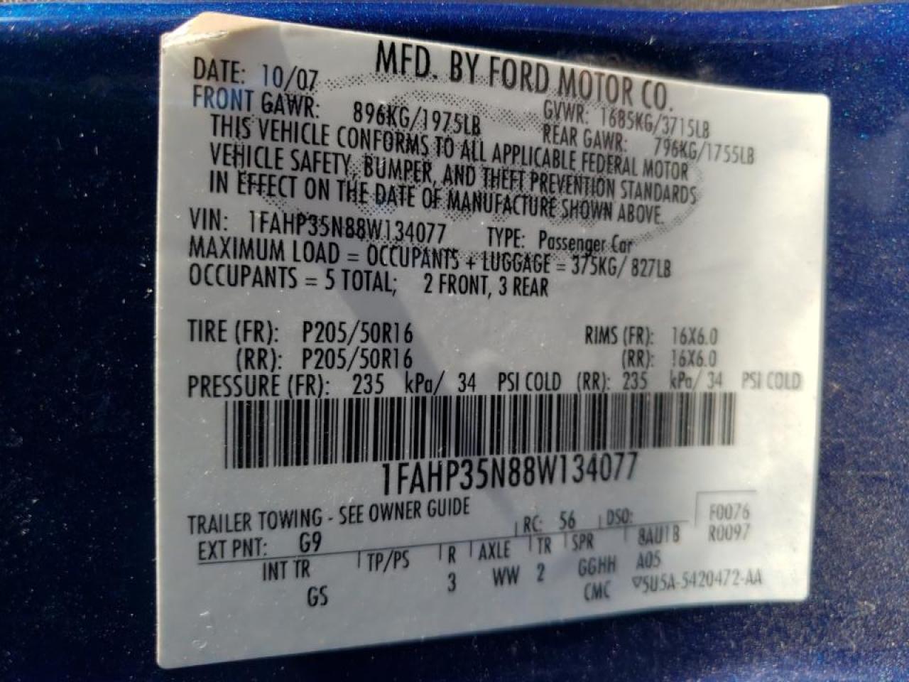 Фото 10 с аукциона – 2008 FORD FOCUS с VIN 1FAHP35N88W134077