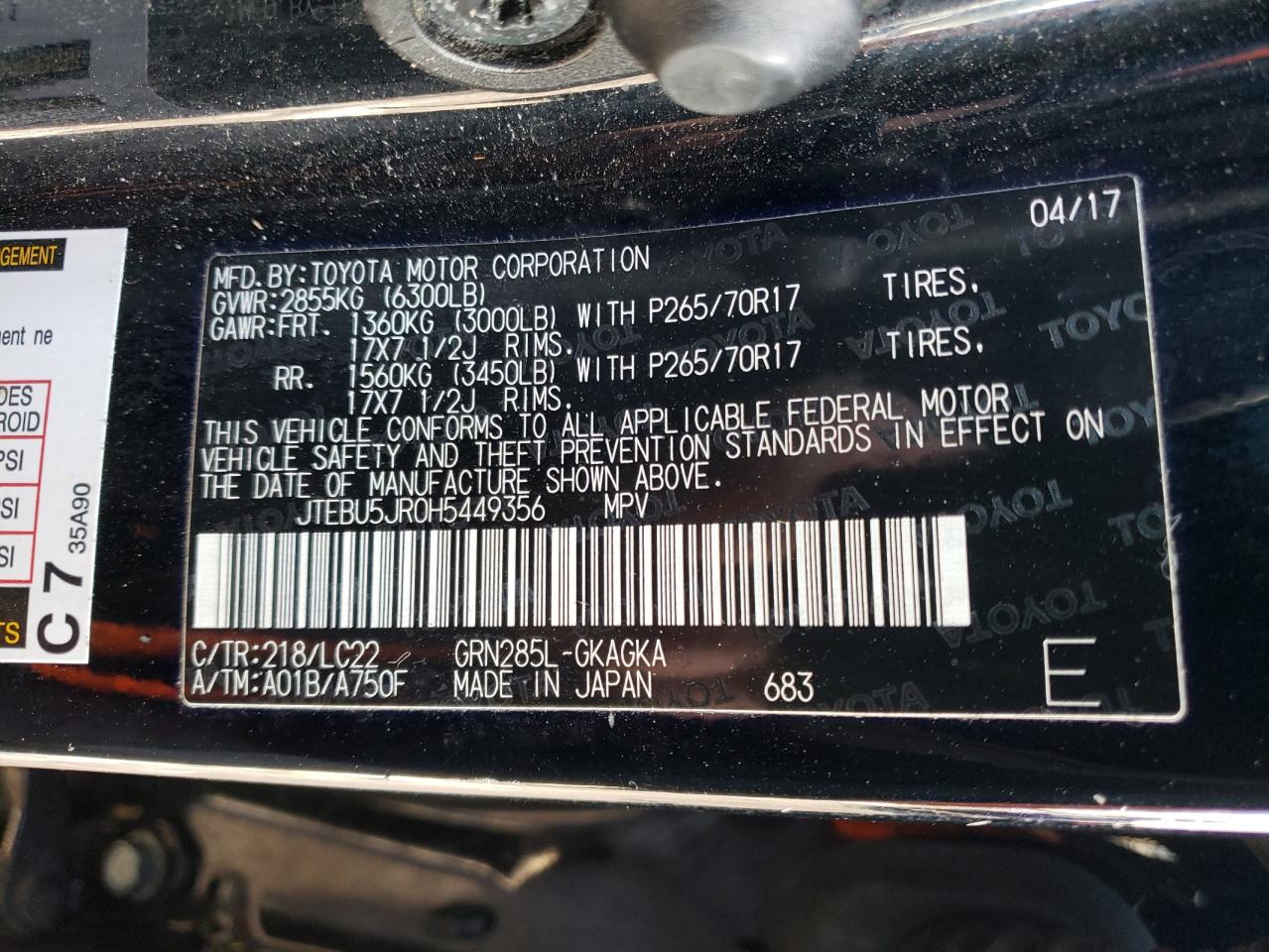 Photo 10 from auction – 2017 TOYOTA 4RUNNER SR with VIN JTEBU5JR0H5449356