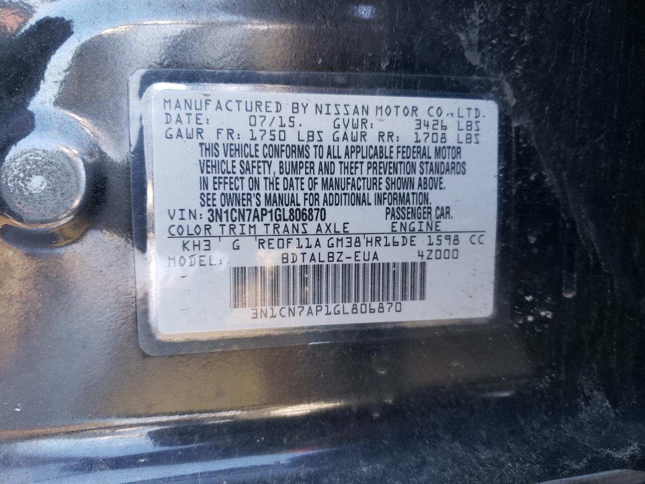 Photo 10 from auction – 2016 NISSAN VERSA S with VIN 3N1CN7AP1GL806870