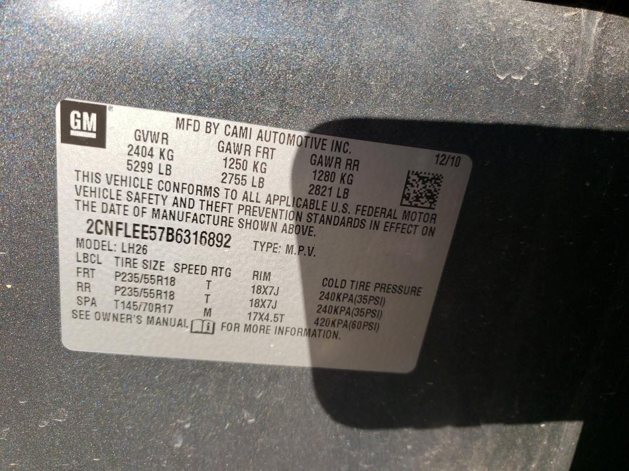 Photo 10 from auction – 2011 CHEVROLET EQUINOX LT with VIN 2CNFLEE57B6316892