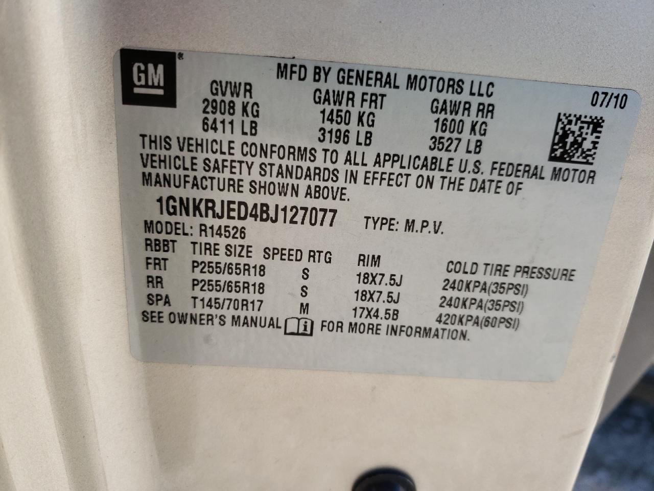 Photo 10 from auction – 2011 CHEVROLET TRAVERSE L with VIN 1GNKRJED4BJ127077