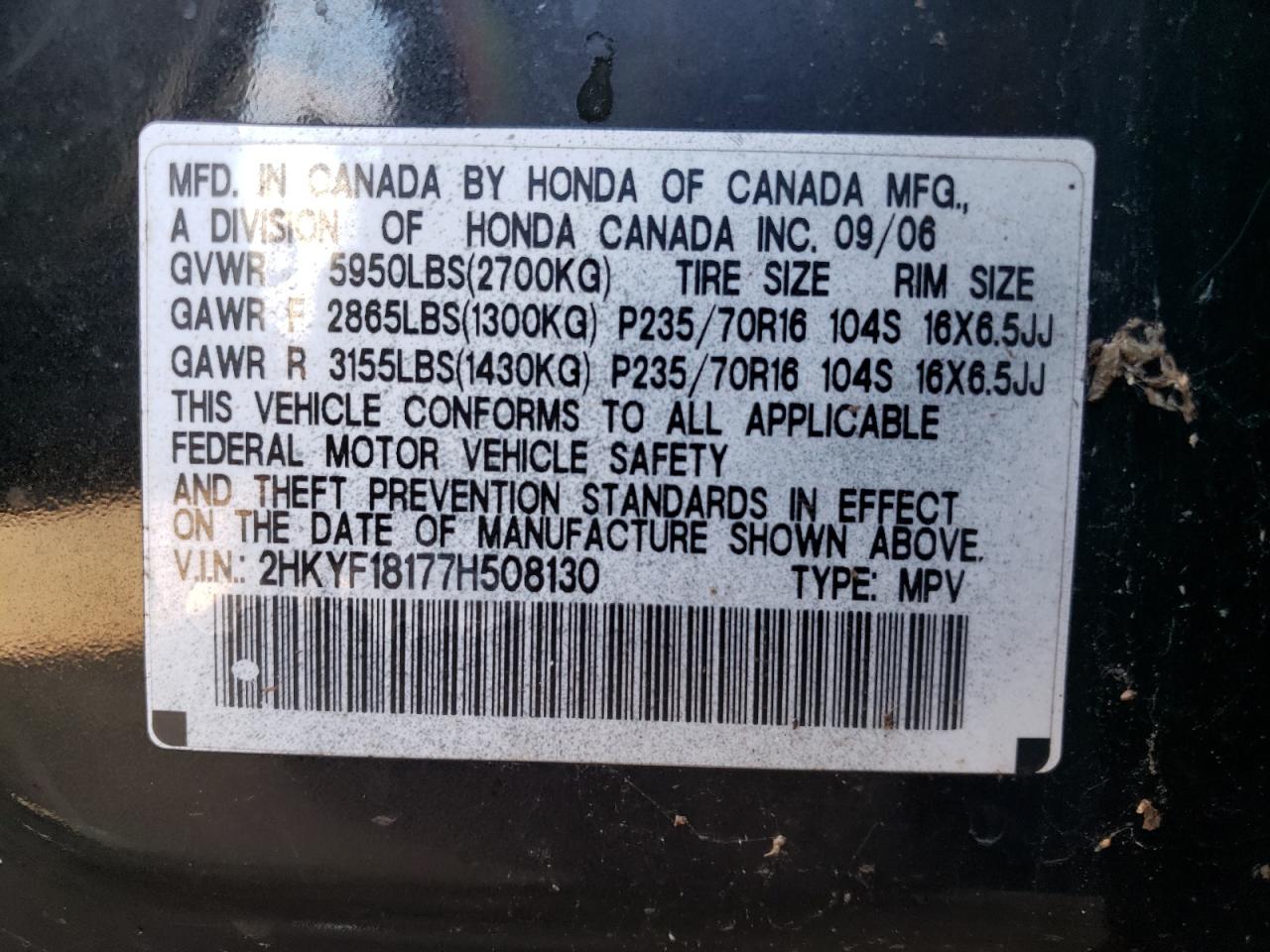 Photo 10 from auction – 2007 HONDA PILOT LX with VIN 2HKYF18177H508130