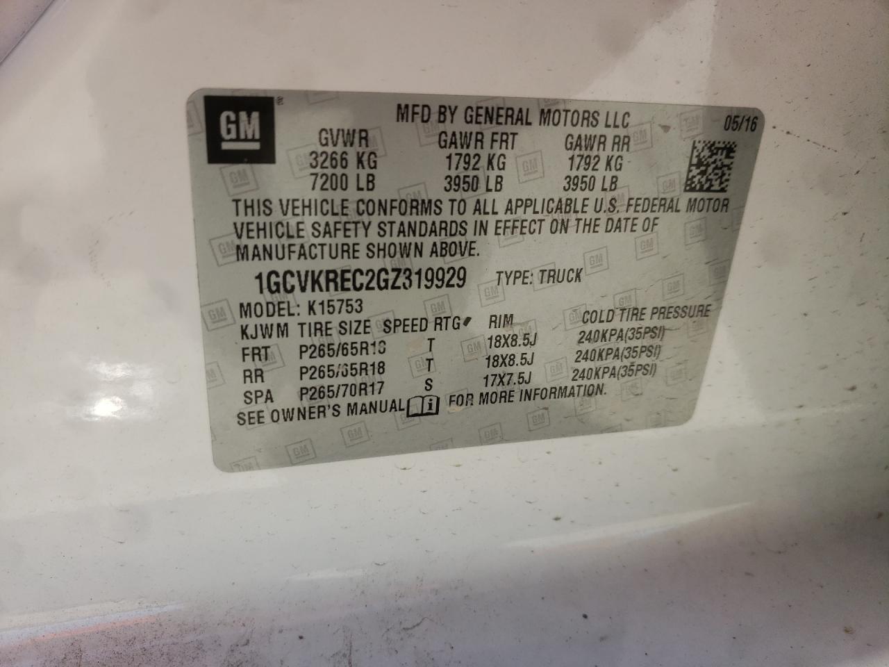 Photo 10 from auction – 2016 CHEVROLET SILVERADO with VIN 1GCVKREC2GZ319929