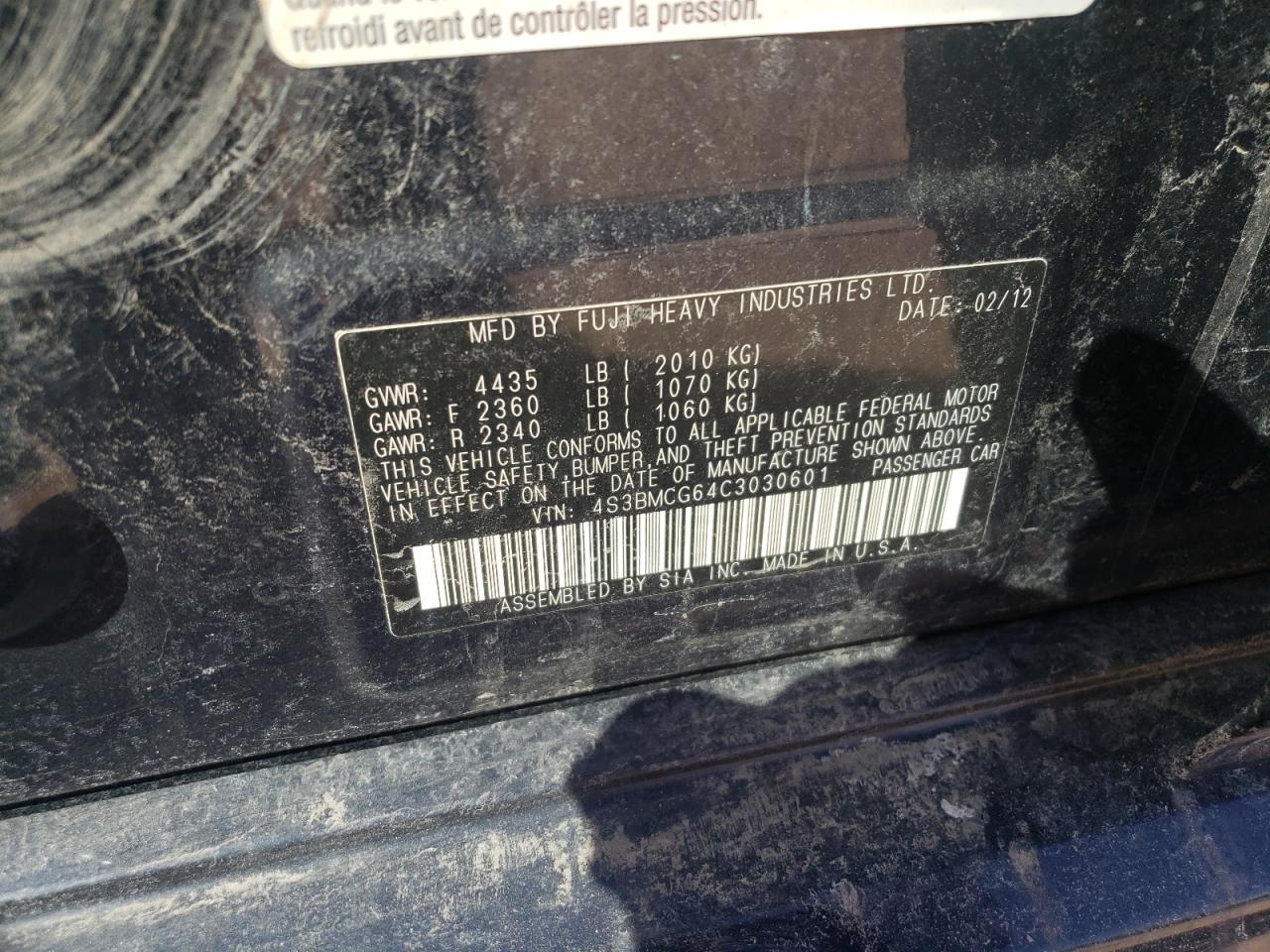 Photo 10 from auction – 2012 SUBARU LEGACY 2.5 with VIN 4S3BMCG64C3030601