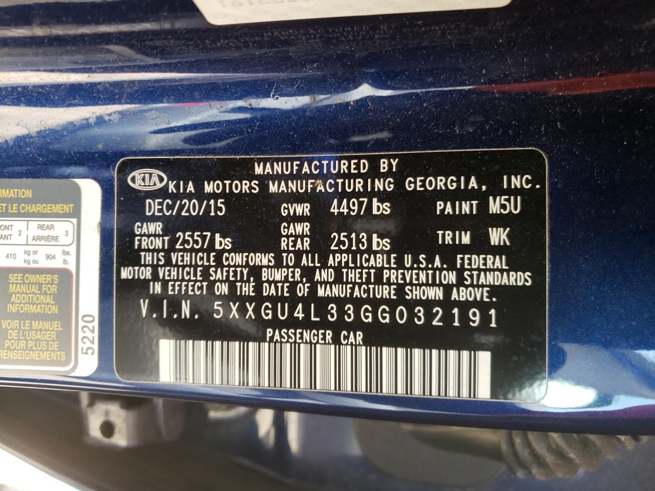 Photo 10 from auction – 2016 KIA OPTIMA EX with VIN 5XXGU4L33GG032191