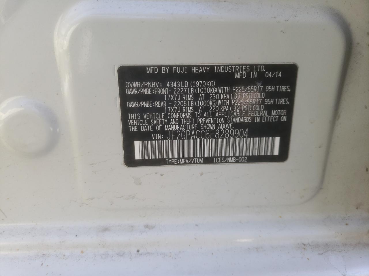 Photo 10 from auction – 2014 SUBARU XV CROSSTR with VIN JF2GPACC6E8289904