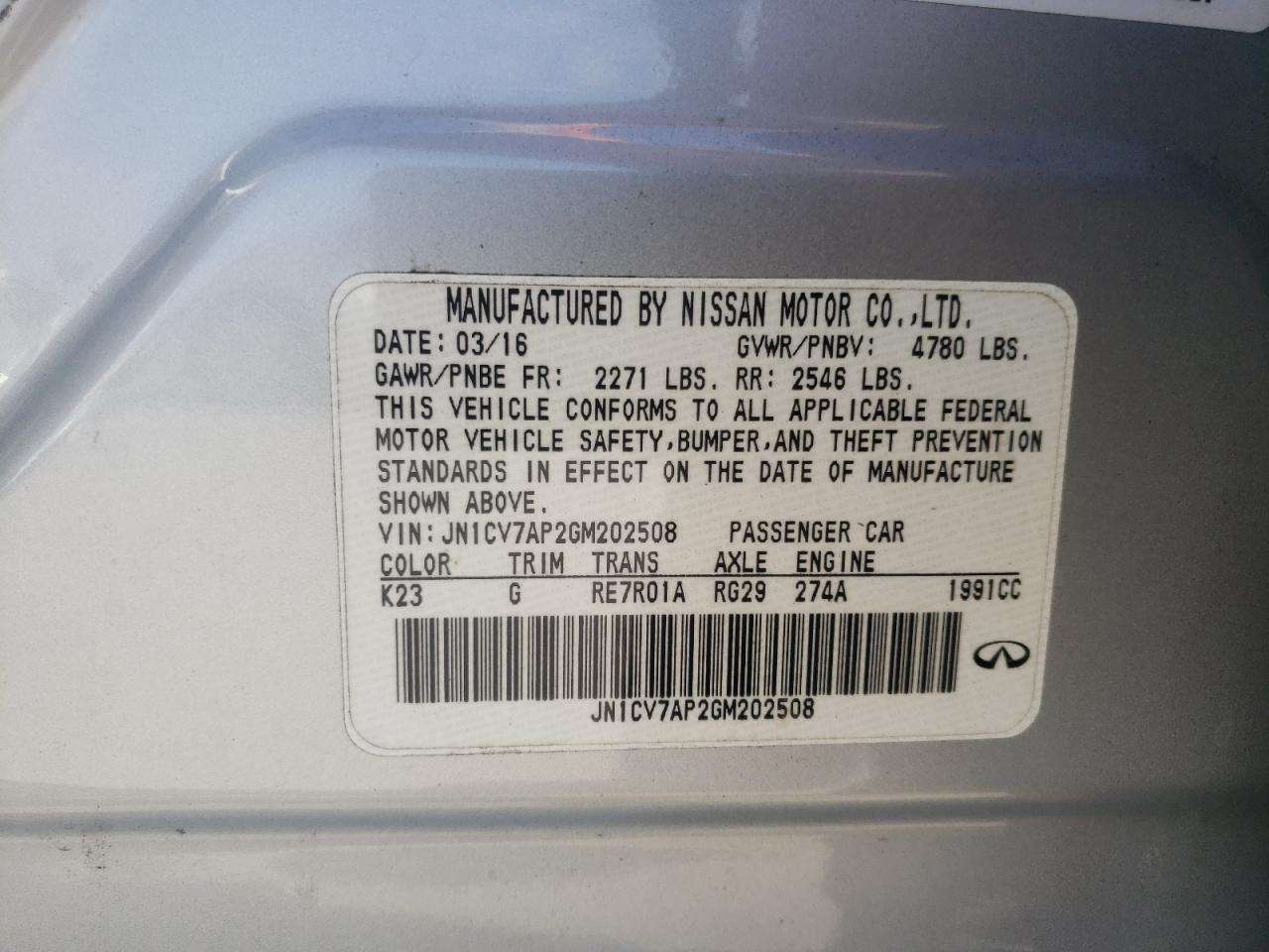 Photo 10 from auction – 2016 INFINITI Q50 BASE with VIN JN1CV7AP2GM202508