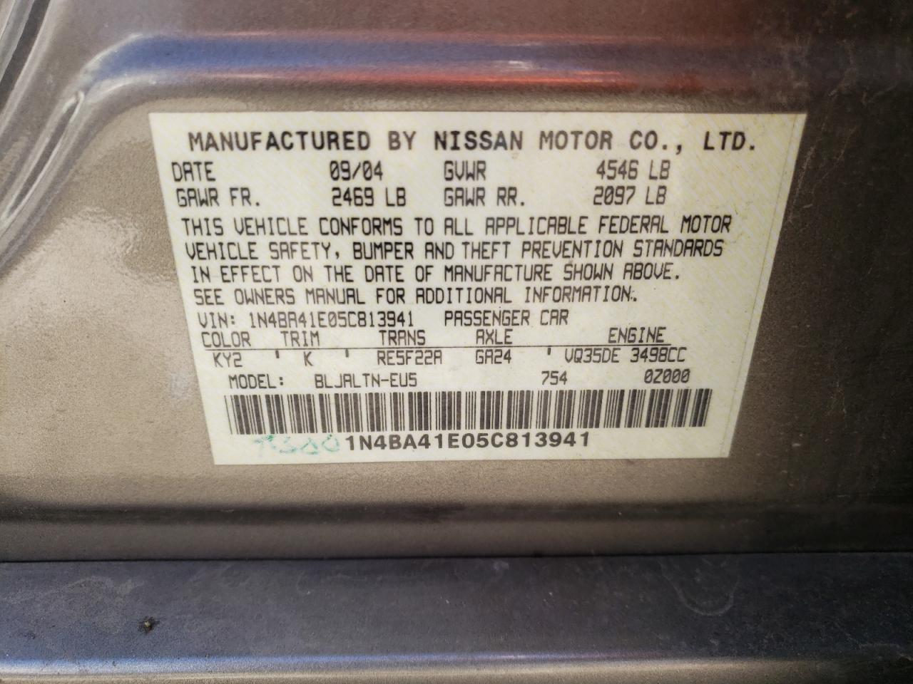 Photo 10 from auction – 2005 NISSAN MAXIMA SE with VIN 1N4BA41E05C813941