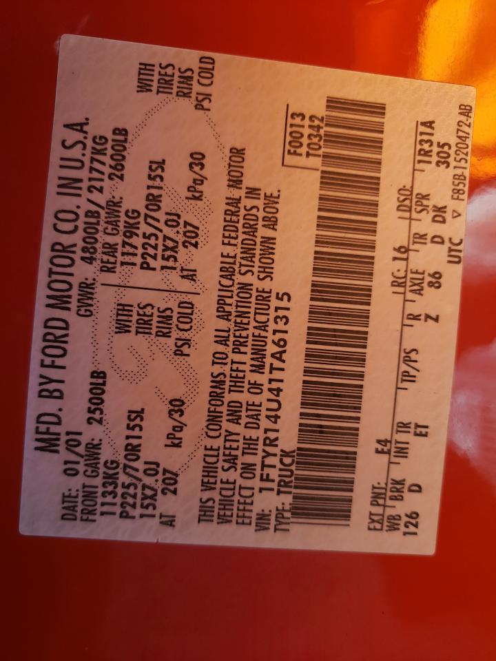 Photo 10 from auction – 2001 FORD RANGER SUP with VIN 1FTYR14U41TA61315