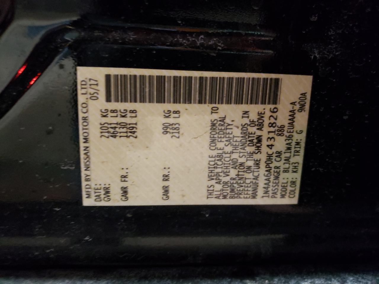 Photo 10 from auction – 2017 NISSAN MAXIMA 3.5 with VIN 1N4AA6AP0HC431826