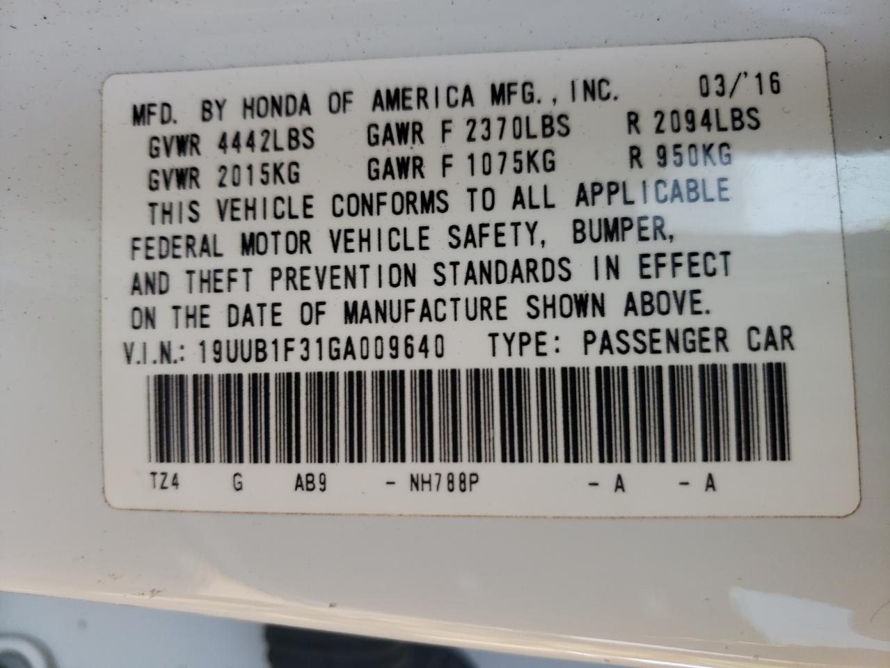 Photo 10 from auction – 2016 ACURA TLX with VIN 19UUB1F31GA009640