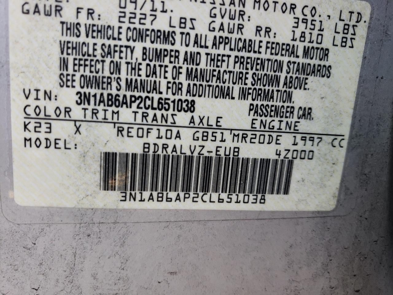 Photo 10 from auction – 2012 NISSAN SENTRA 2.0 with VIN 3N1AB6AP2CL651038