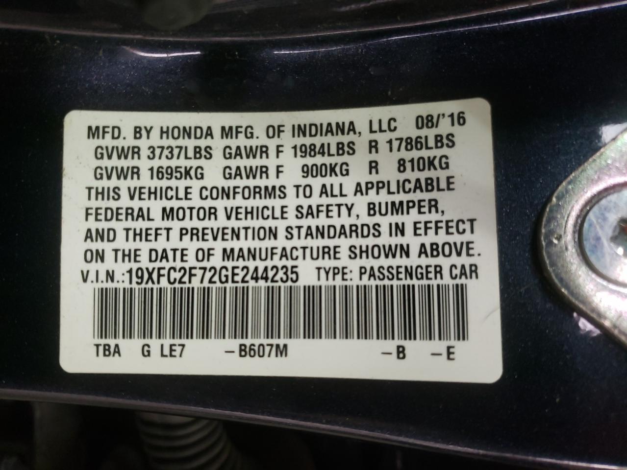 Photo 10 from auction – 2016 HONDA CIVIC EX with VIN 19XFC2F72GE244235