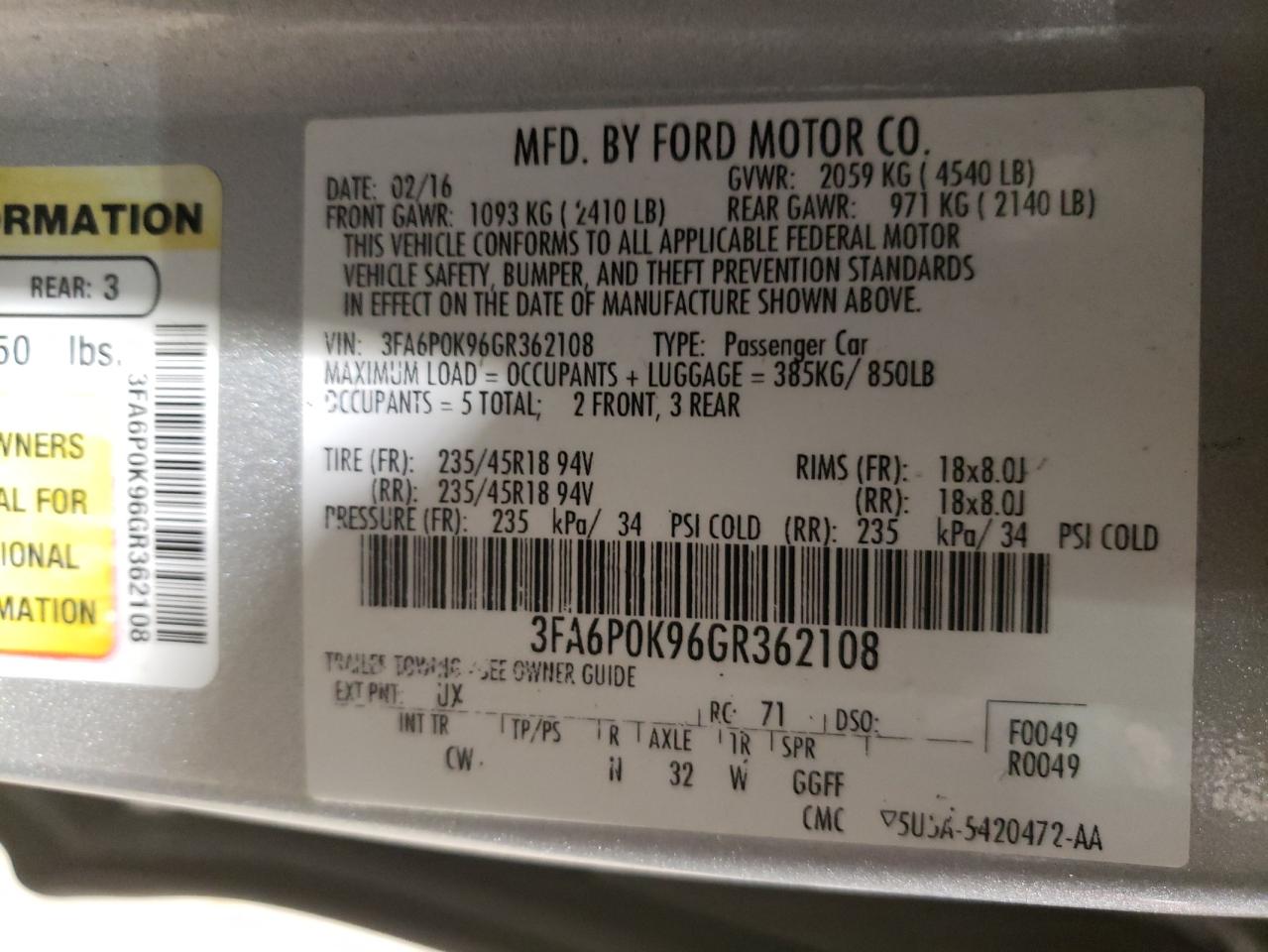 Photo 10 from auction – 2016 FORD FUSION TIT with VIN 3FA6P0K96GR362108