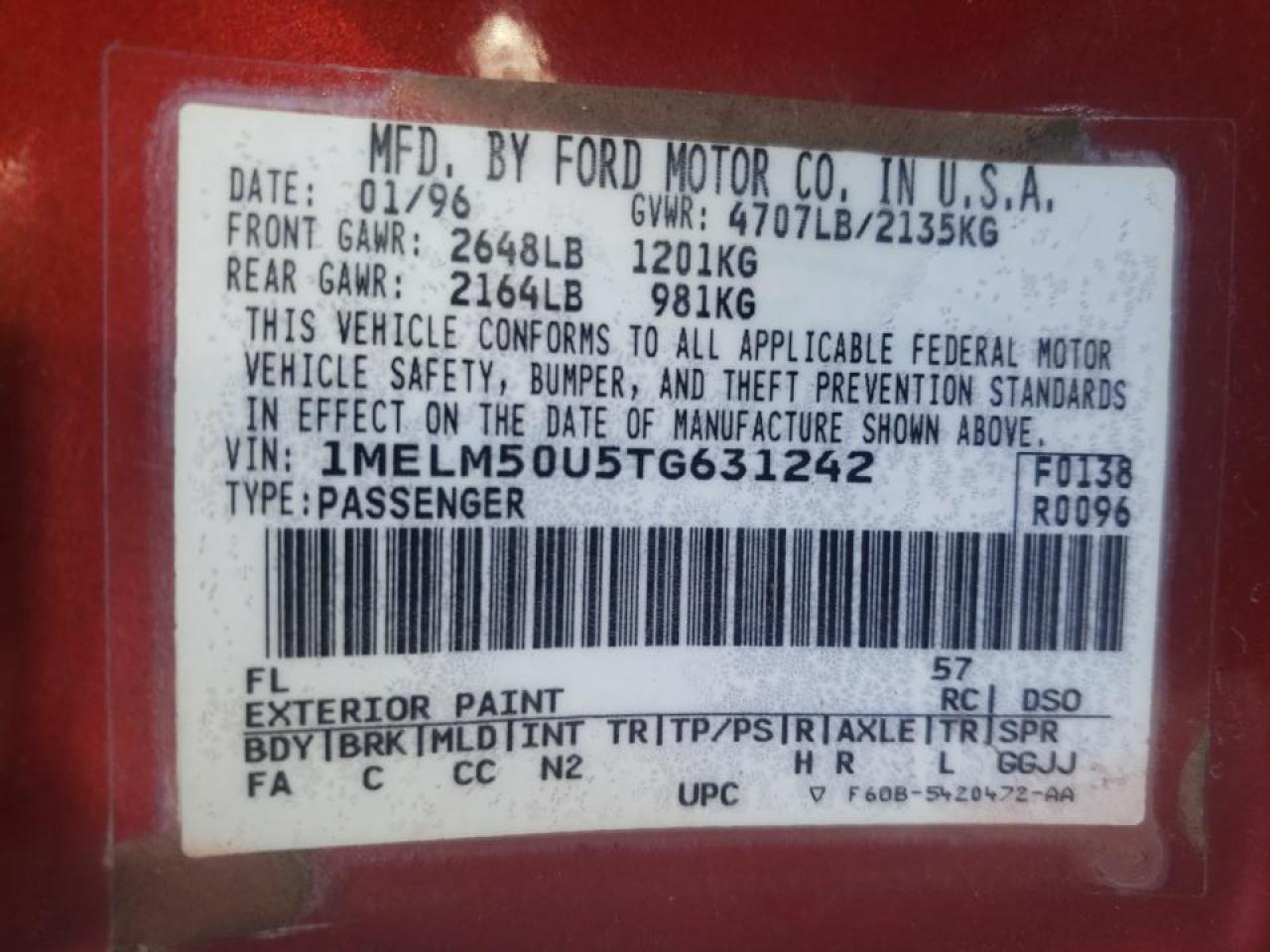 Photo 10 from auction – 1996 MERCURY SABLE GS with VIN 1MELM50U5TG631242