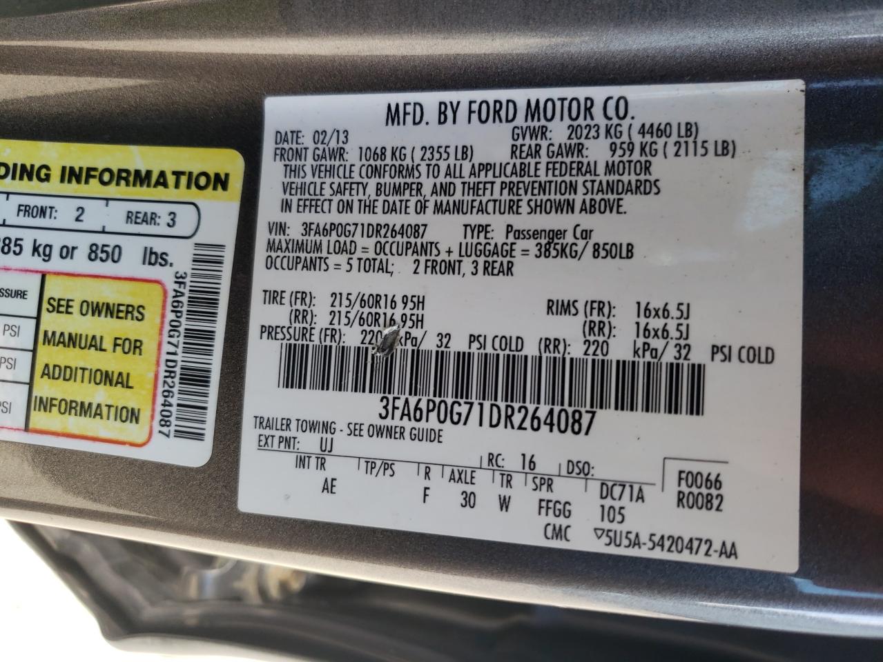 Photo 10 from auction – 2013 FORD FUSION S with VIN 3FA6P0G71DR264087