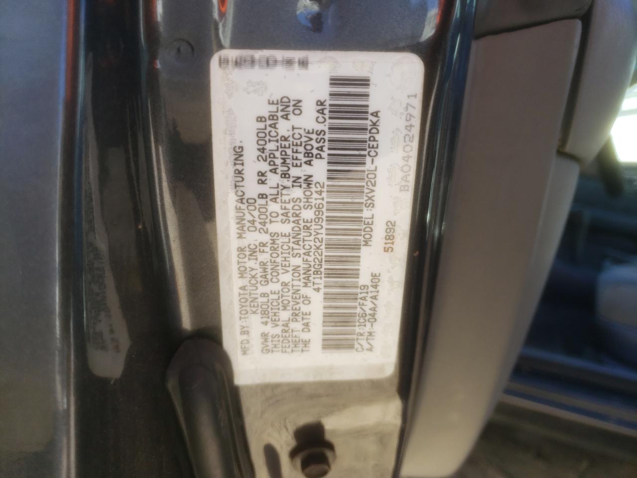 Photo 10 from auction – 2000 TOYOTA CAMRY CE with VIN 4T1BG22K2YU996142